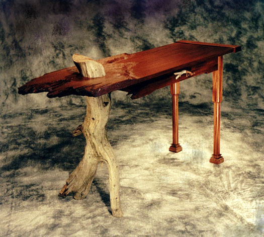 Tree table in mahogany and Jeffery pine